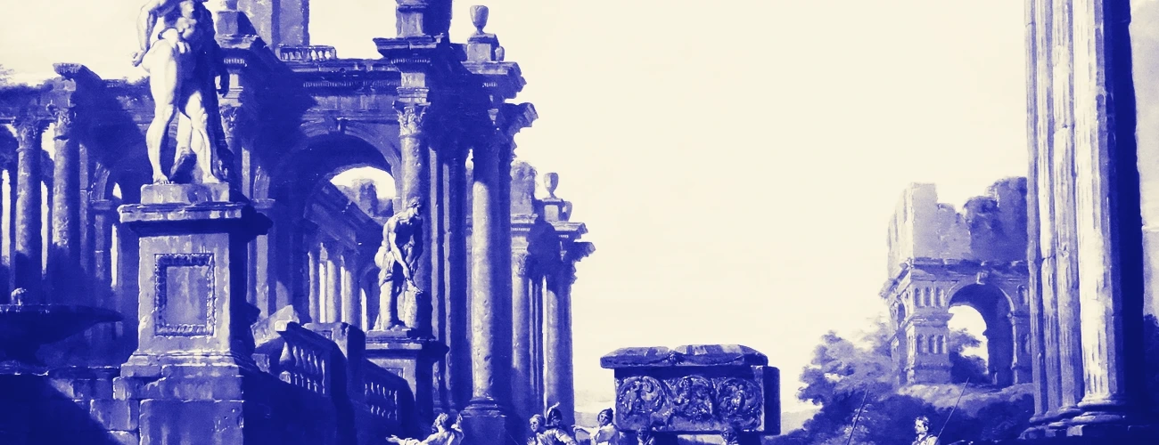 A duotone of Panini's Roman Forum capriccio: a colonnade and statues on the left, open sky on the right.